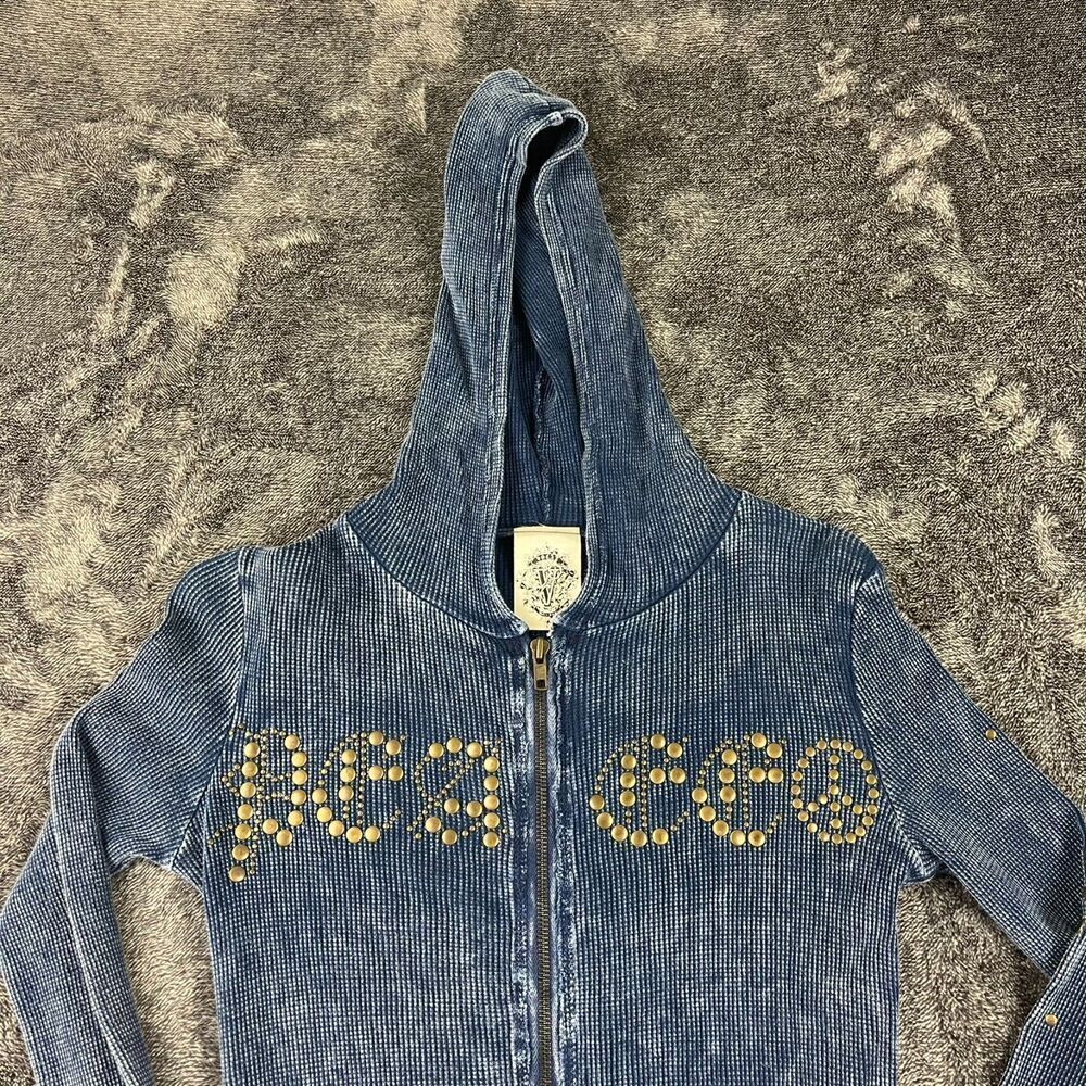VOCAL Apparel Waffle Knit Peace Embellished Jacket Full Zip Distressed Y2K S* - Picture 3 of 11
